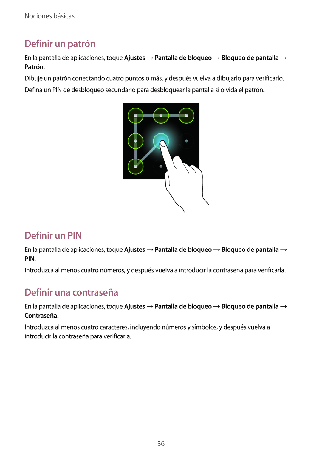 Samsung GT-I8260CWASEB, GT-I8260MBAPHE, GT-I8260CWAPHE manual Definir un patrón, Definir un PIN, Definir una contraseña 