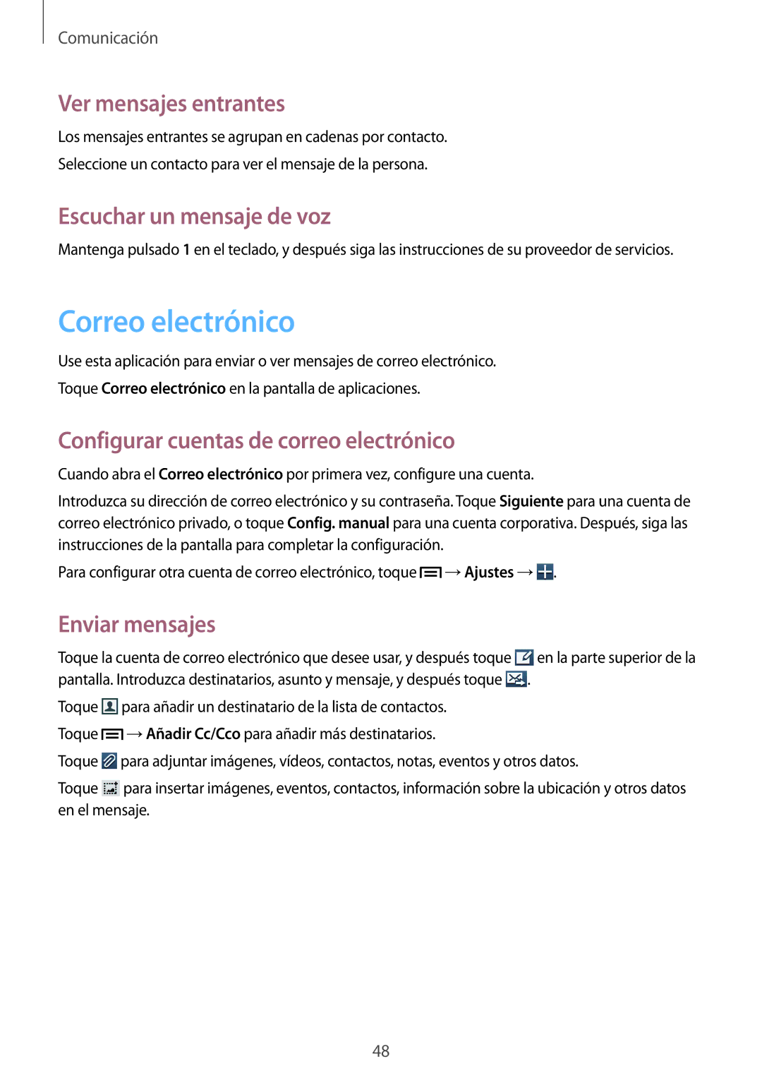 Samsung GT-I8260CWAXEC, GT-I8260MBAPHE manual Correo electrónico, Ver mensajes entrantes, Escuchar un mensaje de voz 