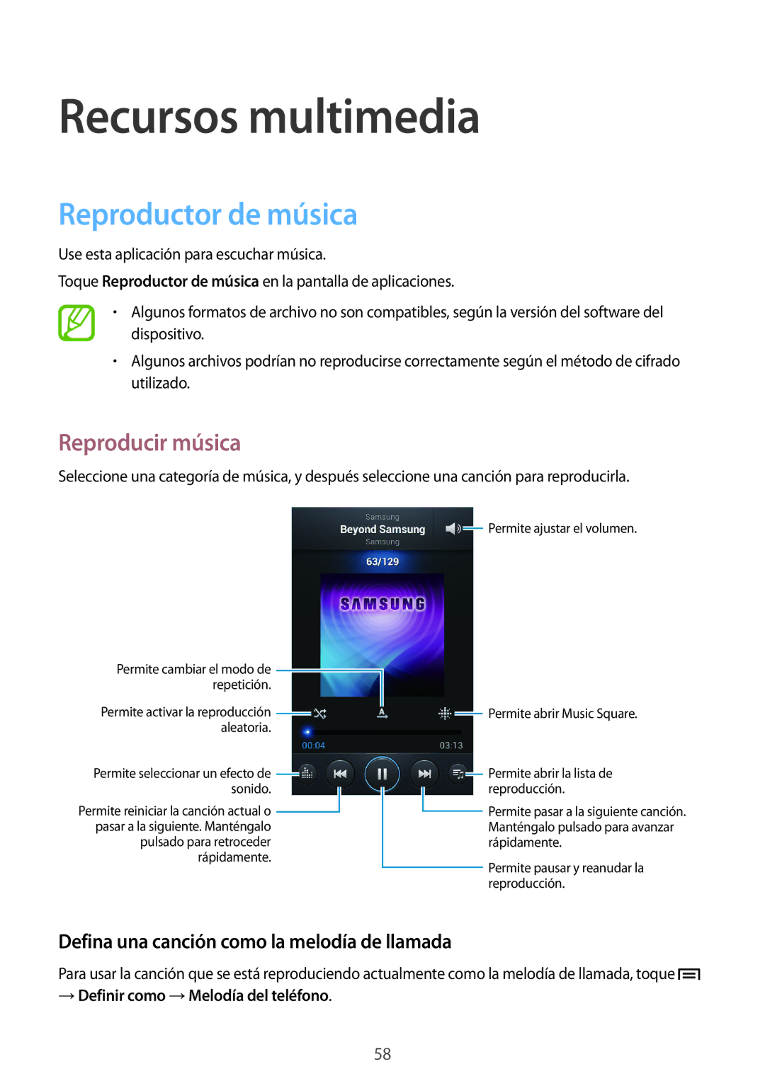 Samsung GT-I8260CWAXEC Recursos multimedia, Reproductor de música, Reproducir música, → Definir como →Melodía del teléfono 