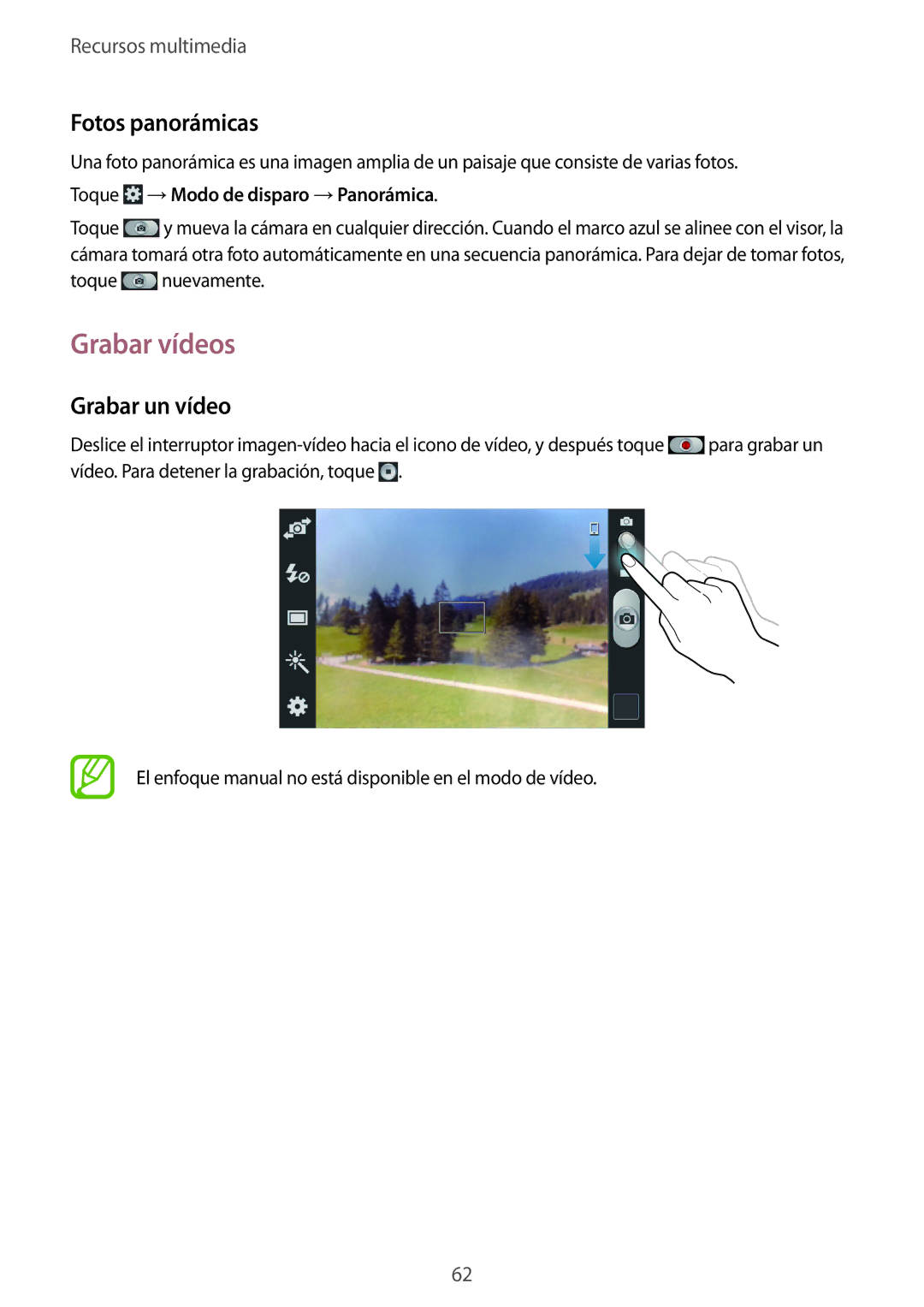 Samsung GT-I8260MBASEE manual Grabar vídeos, Fotos panorámicas, Grabar un vídeo, Toque →Modo de disparo →Panorámica 