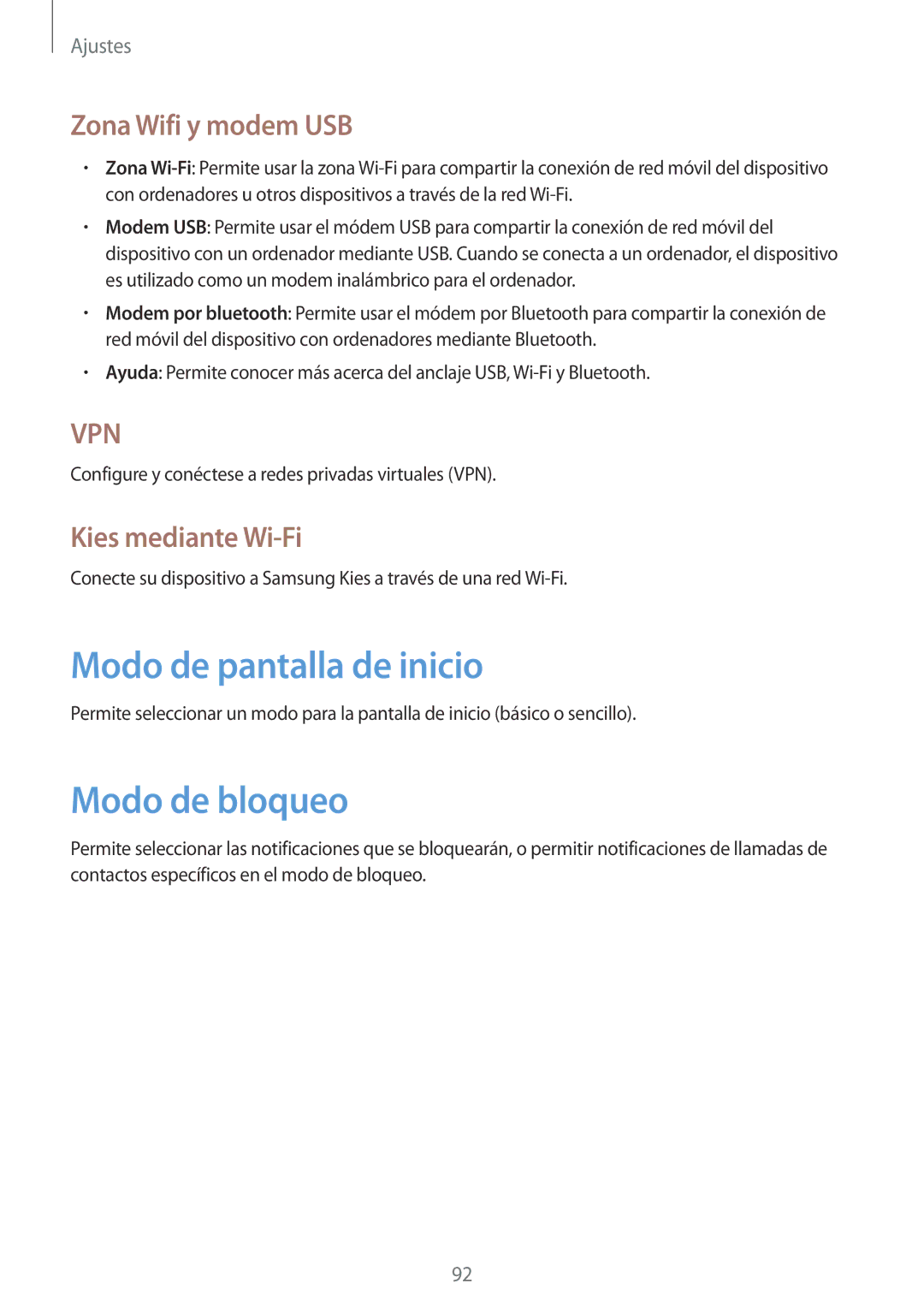 Samsung GT-I8260MBASEE manual Modo de pantalla de inicio, Modo de bloqueo, Zona Wifi y modem USB, Kies mediante Wi-Fi 