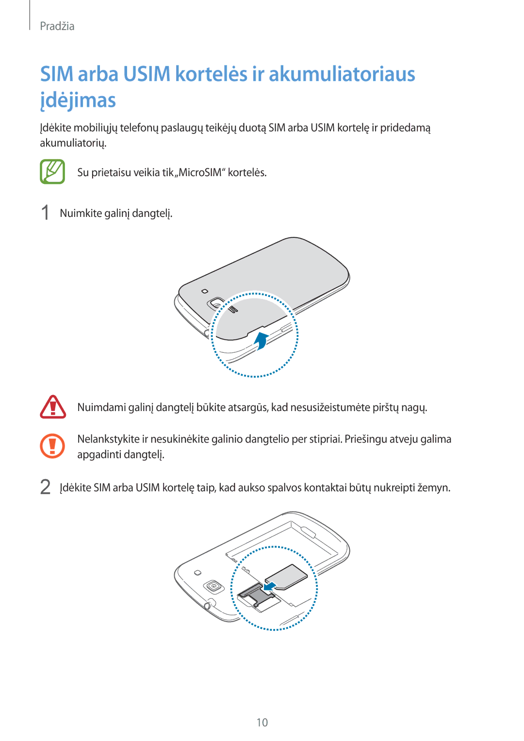 Samsung GT-I8260MBASEB, GT-I8260CWASEB manual SIM arba Usim kortelės ir akumuliatoriaus įdėjimas 