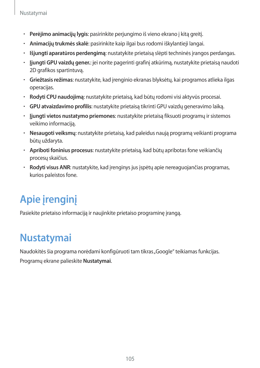 Samsung GT-I8260CWASEB, GT-I8260MBASEB manual Apie įrenginį, Nustatymai 