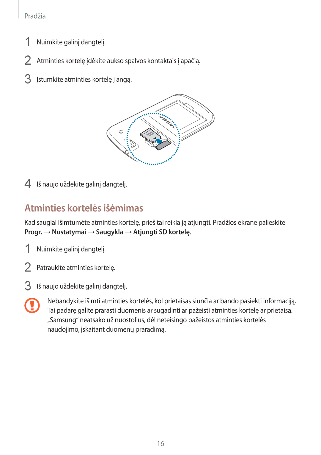 Samsung GT-I8260MBASEB, GT-I8260CWASEB manual Atminties kortelės išėmimas 