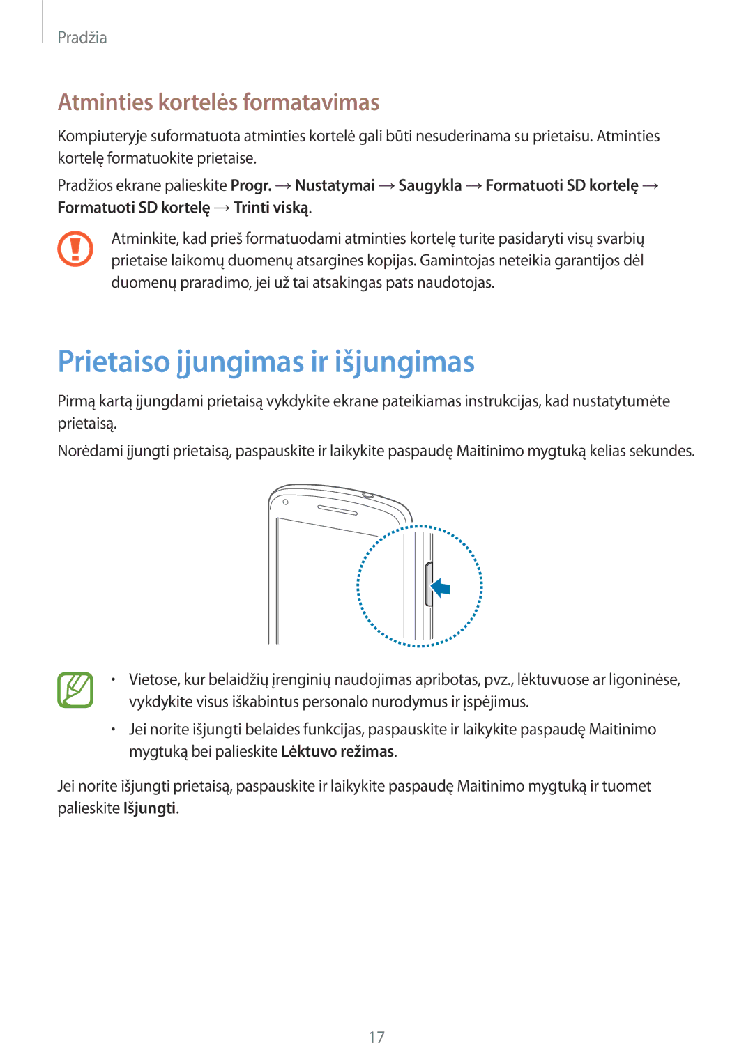 Samsung GT-I8260CWASEB, GT-I8260MBASEB manual Prietaiso įjungimas ir išjungimas, Atminties kortelės formatavimas 