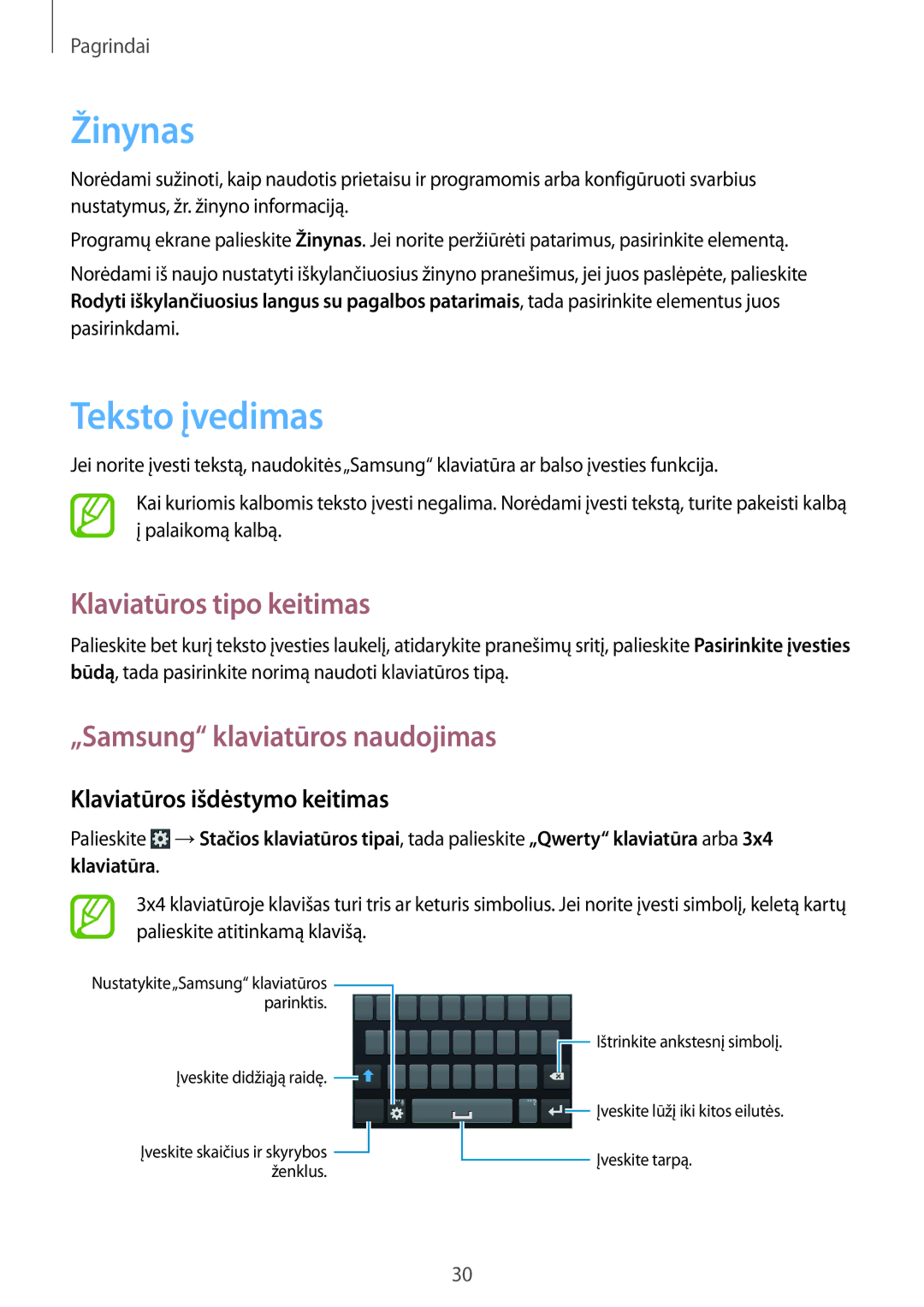 Samsung GT-I8260MBASEB manual Žinynas, Teksto įvedimas, Klaviatūros tipo keitimas, „Samsung klaviatūros naudojimas 