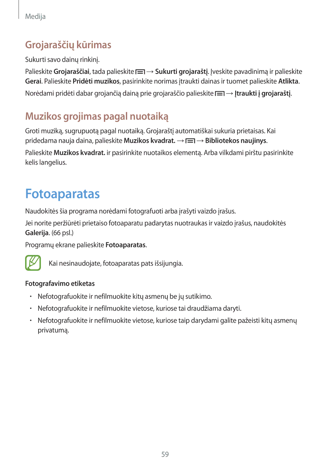 Samsung GT-I8260CWASEB manual Fotoaparatas, Grojaraščių kūrimas, Muzikos grojimas pagal nuotaiką, Fotografavimo etiketas 