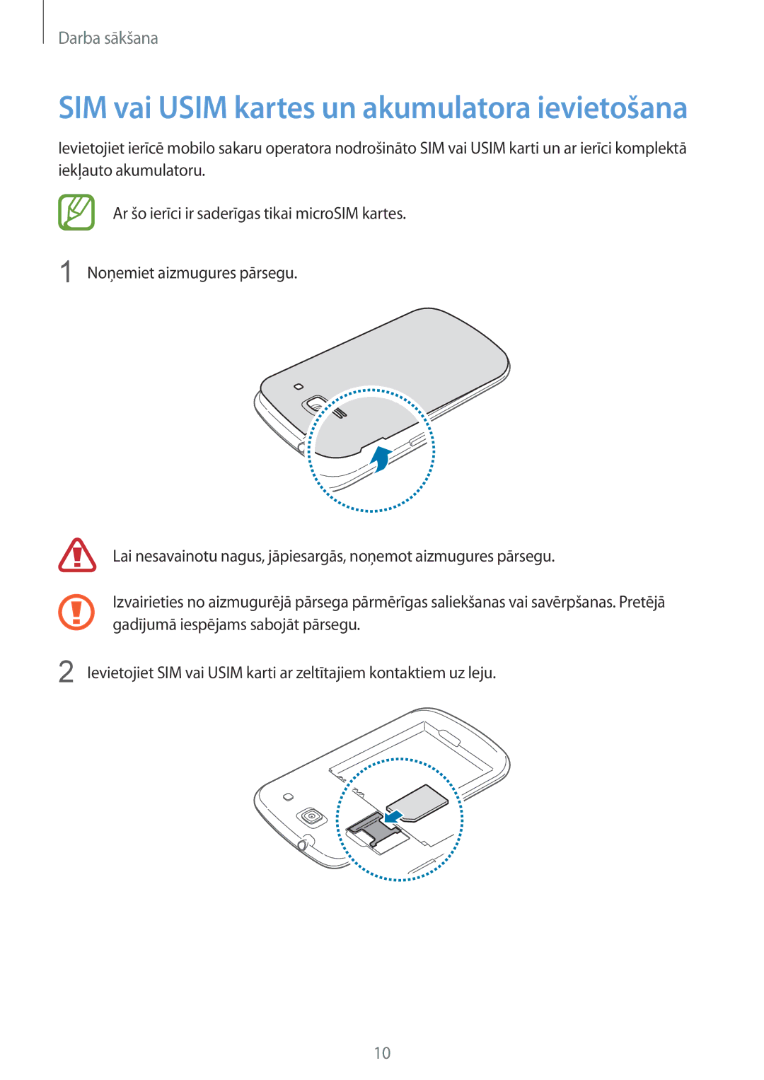 Samsung GT-I8260MBASEB, GT-I8260CWASEB manual SIM vai Usim kartes un akumulatora ievietošana 