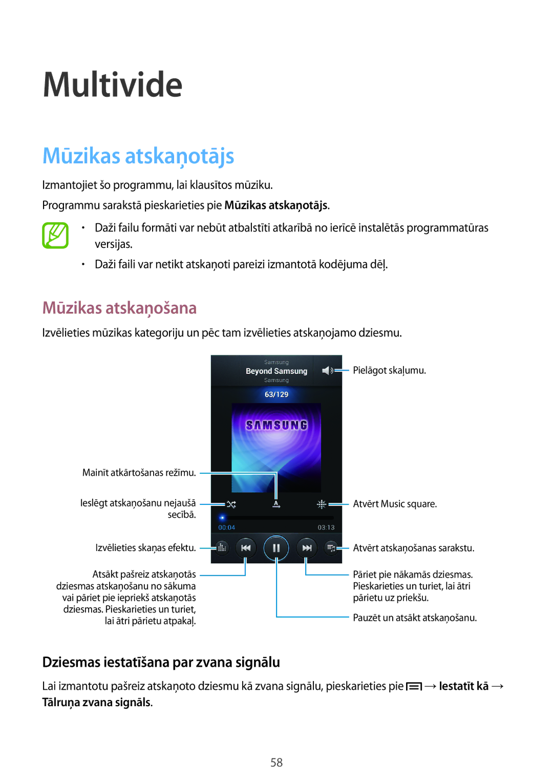 Samsung GT-I8260MBASEB manual Multivide, Mūzikas atskaņotājs, Mūzikas atskaņošana, Dziesmas iestatīšana par zvana signālu 