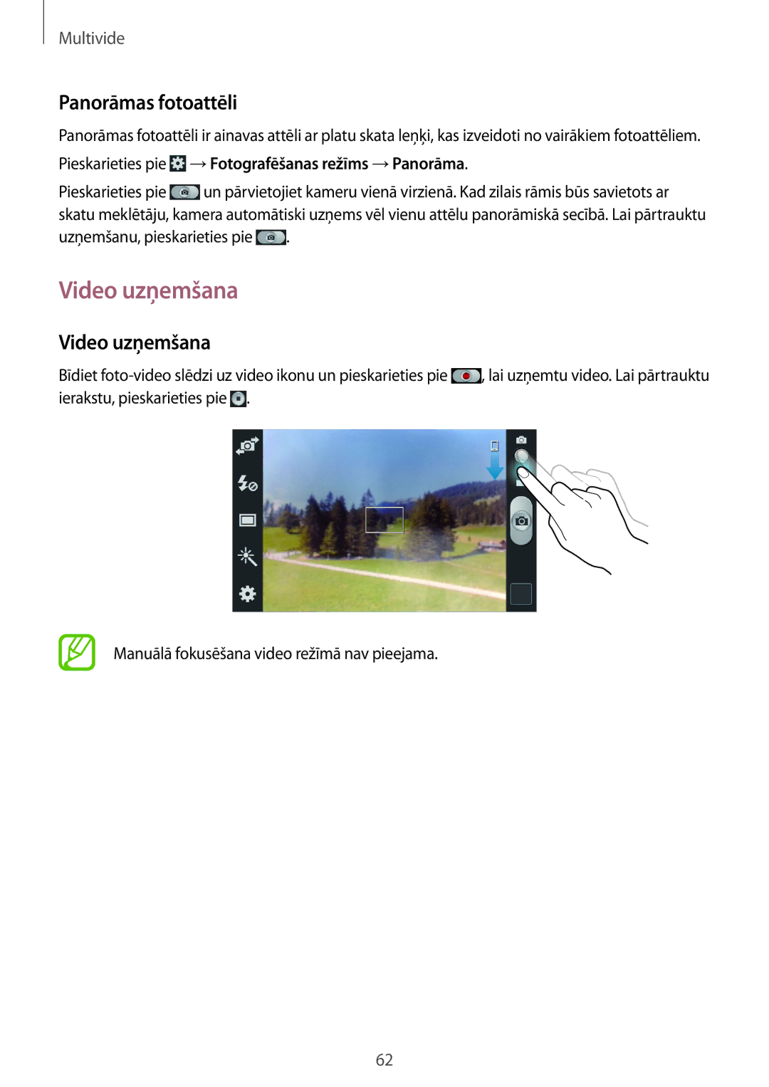 Samsung GT-I8260MBASEB manual Video uzņemšana, Panorāmas fotoattēli, Pieskarieties pie →Fotografēšanas režīms →Panorāma 