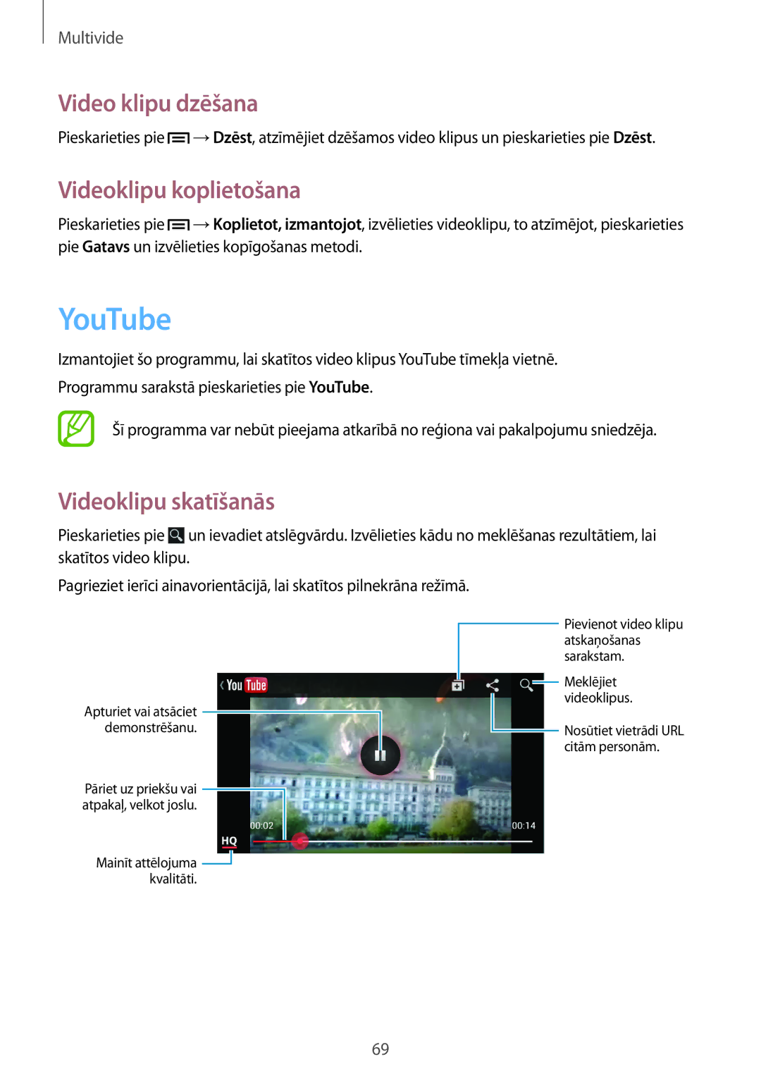 Samsung GT-I8260CWASEB, GT-I8260MBASEB manual YouTube, Video klipu dzēšana, Videoklipu koplietošana, Videoklipu skatīšanās 
