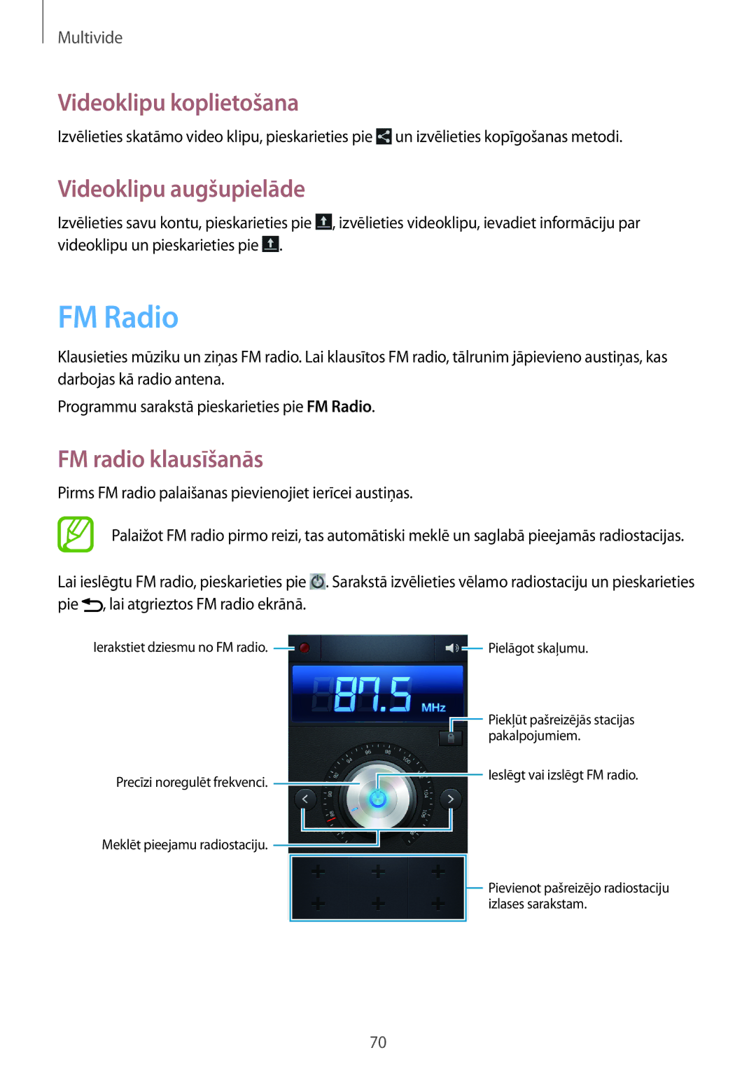 Samsung GT-I8260MBASEB, GT-I8260CWASEB manual FM Radio, Videoklipu augšupielāde, FM radio klausīšanās 