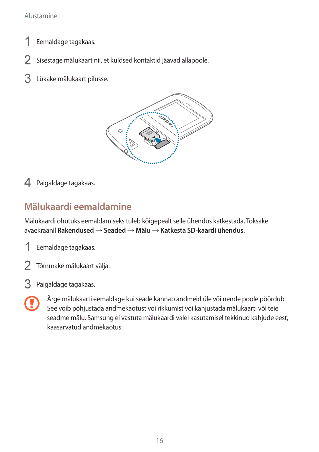 Samsung GT-I8260MBASEB, GT-I8260CWASEB manual Mälukaardi eemaldamine 