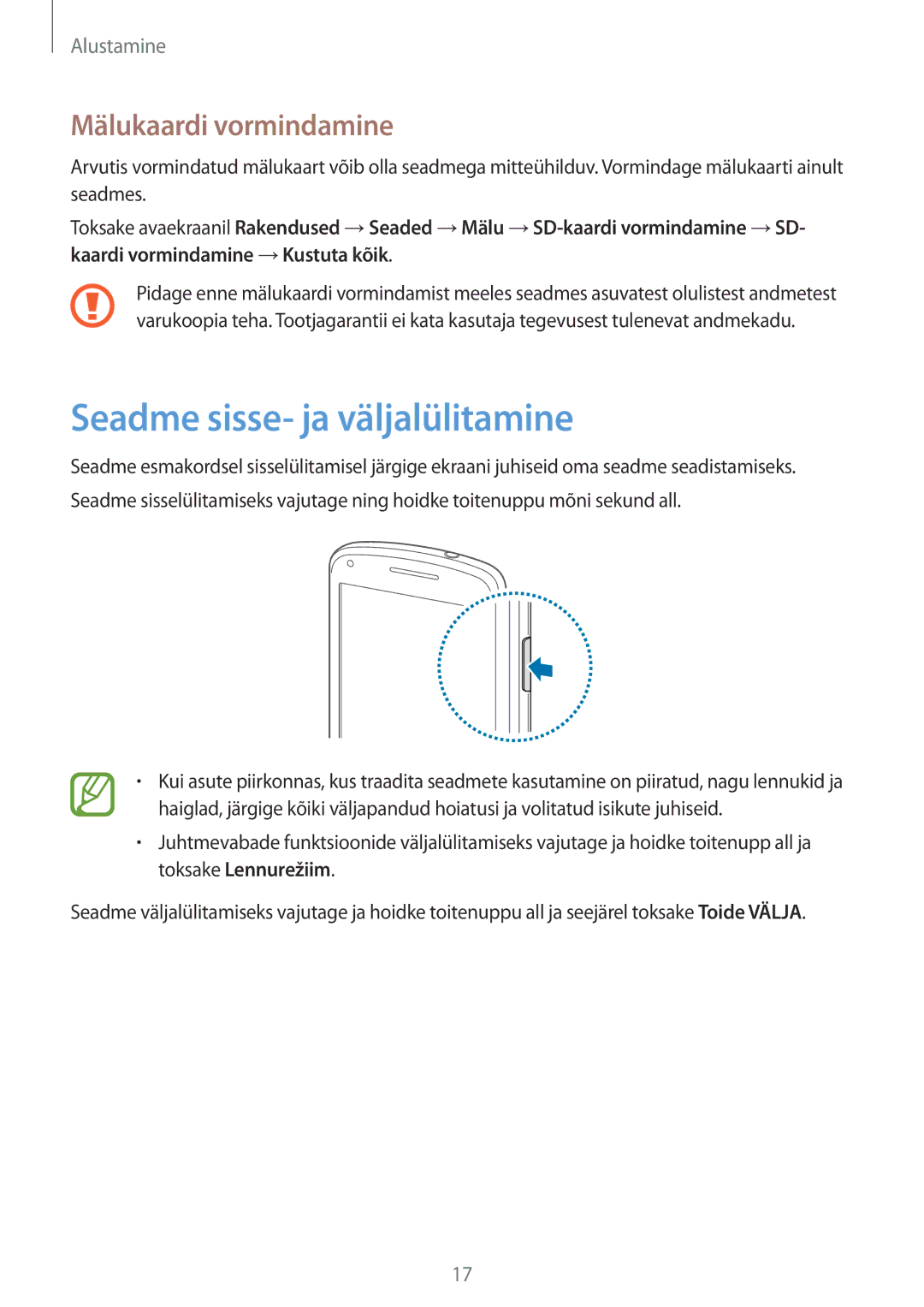 Samsung GT-I8260CWASEB, GT-I8260MBASEB manual Seadme sisse- ja väljalülitamine, Mälukaardi vormindamine 