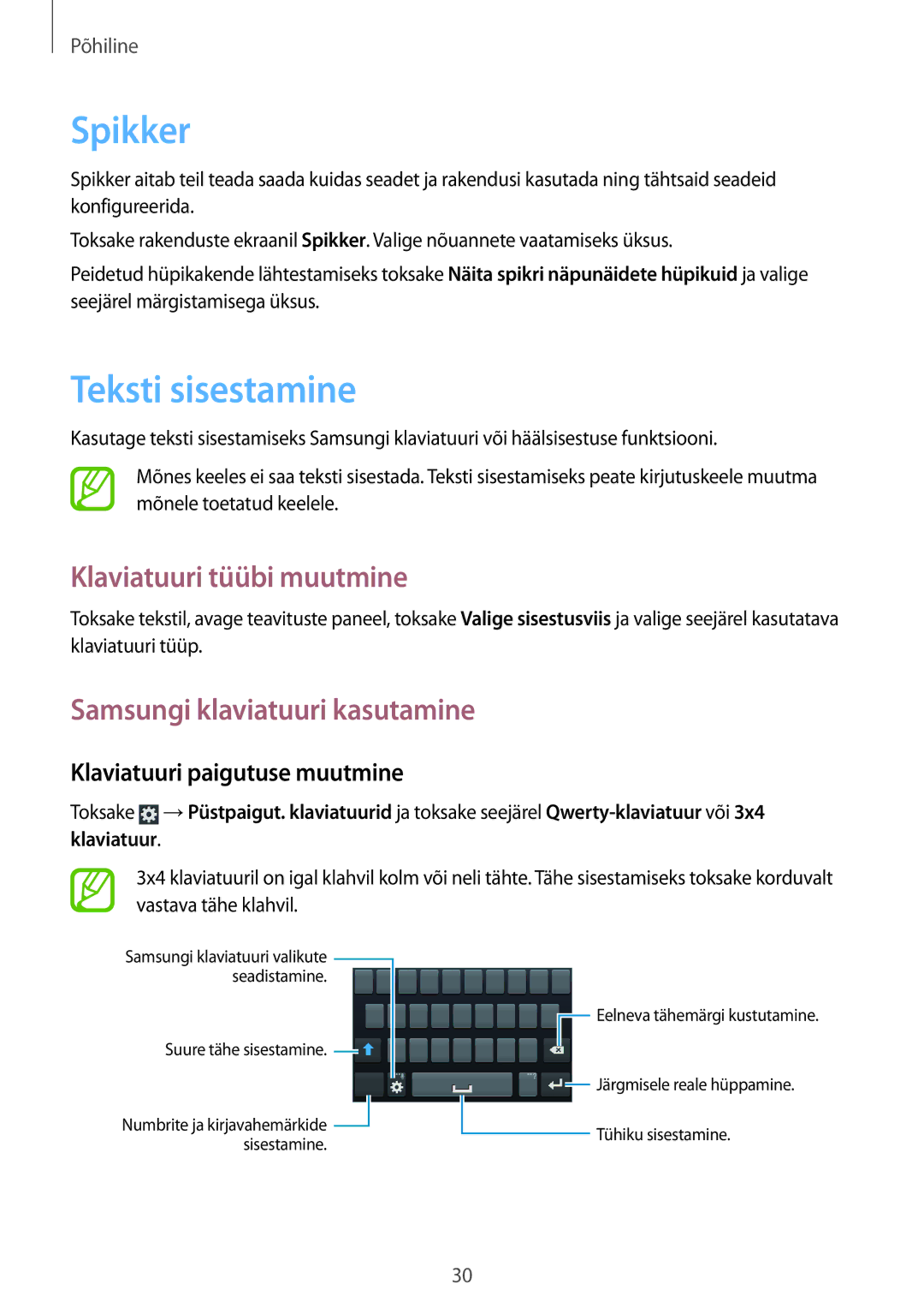 Samsung GT-I8260MBASEB manual Spikker, Teksti sisestamine, Klaviatuuri tüübi muutmine, Samsungi klaviatuuri kasutamine 