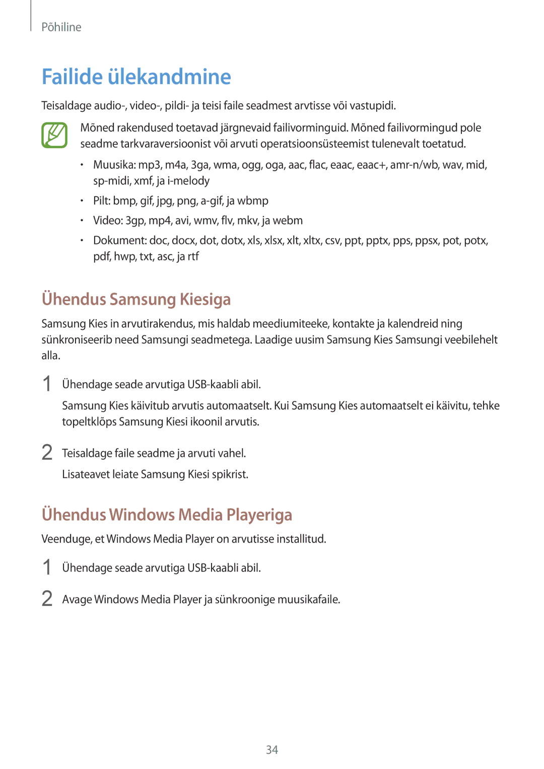 Samsung GT-I8260MBASEB, GT-I8260CWASEB manual Failide ülekandmine, Ühendus Samsung Kiesiga, Ühendus Windows Media Playeriga 