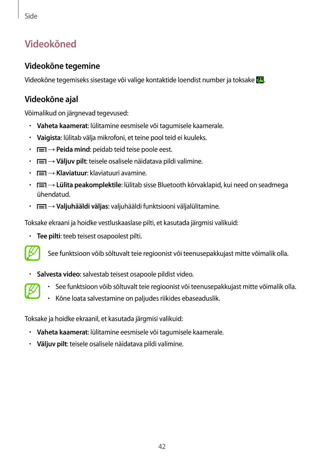 Samsung GT-I8260MBASEB, GT-I8260CWASEB manual Videokõned, Videokõne tegemine, Videokõne ajal 