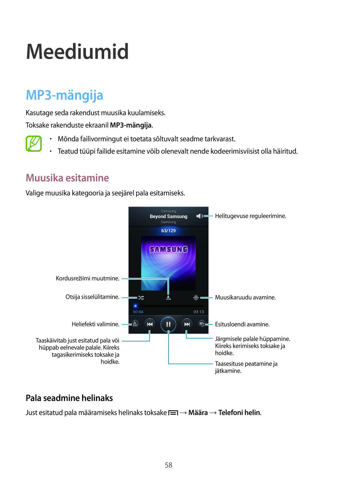 Samsung GT-I8260MBASEB manual Meediumid, MP3-mängija, Muusika esitamine, Pala seadmine helinaks, →Määra →Telefoni helin 