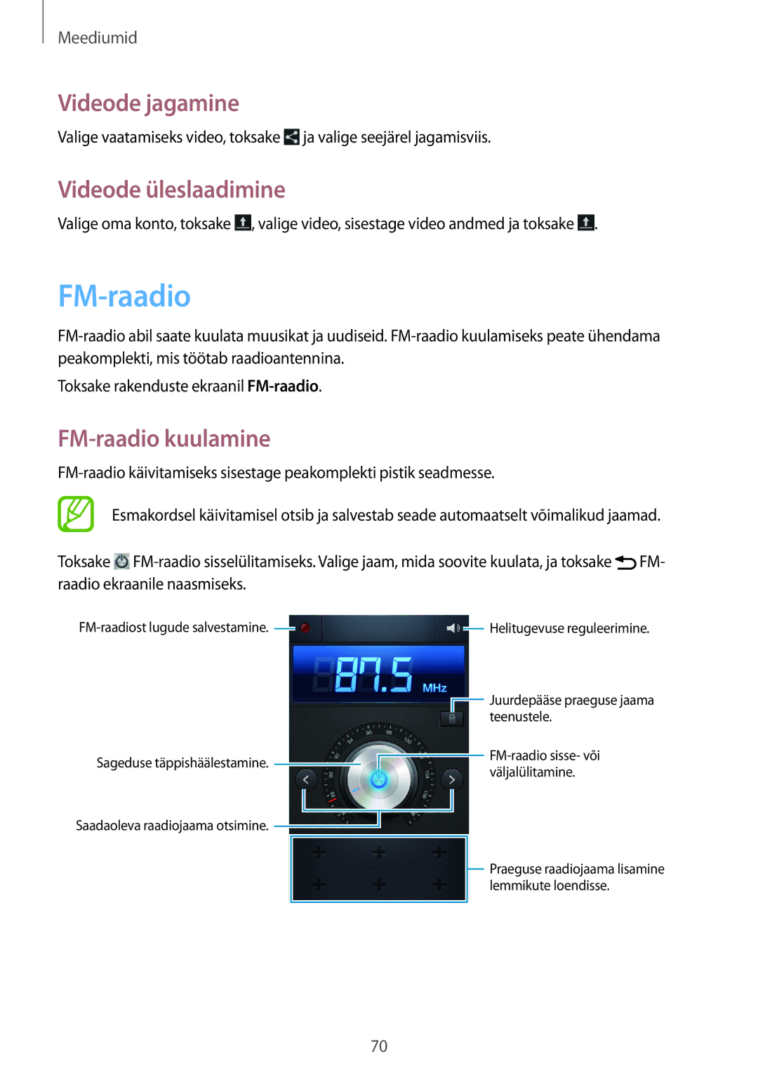 Samsung GT-I8260MBASEB, GT-I8260CWASEB manual Videode üleslaadimine, FM-raadio kuulamine 