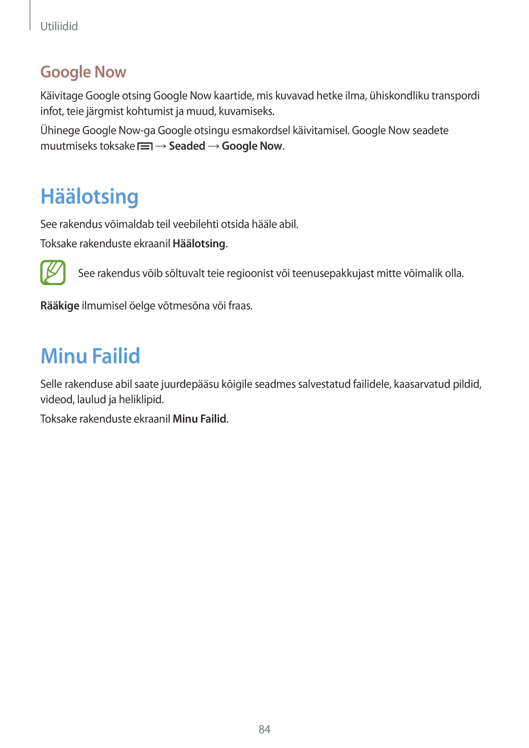 Samsung GT-I8260MBASEB, GT-I8260CWASEB manual Häälotsing, Minu Failid, Google Now 