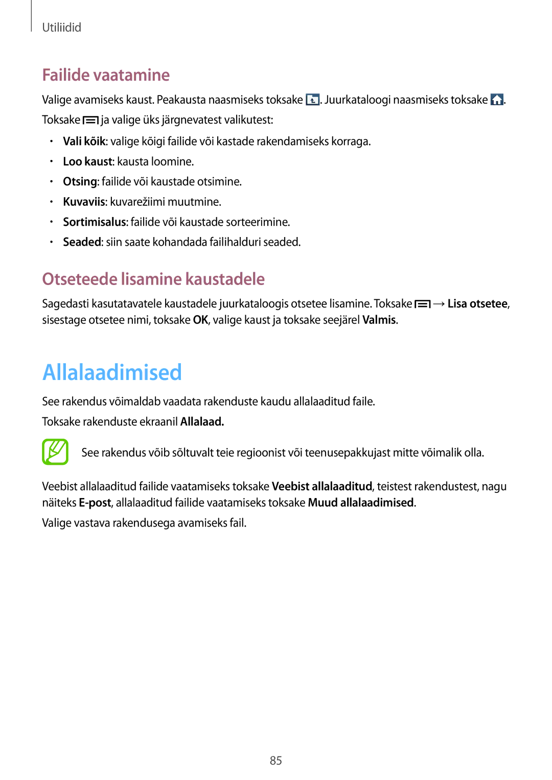 Samsung GT-I8260CWASEB, GT-I8260MBASEB manual Allalaadimised, Failide vaatamine, Otseteede lisamine kaustadele 