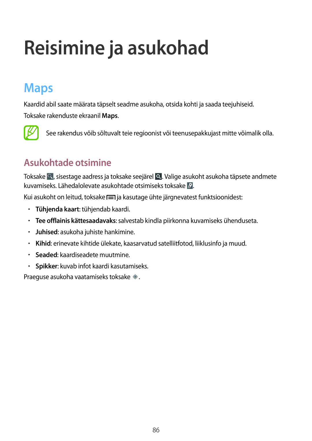 Samsung GT-I8260MBASEB, GT-I8260CWASEB manual Reisimine ja asukohad, Maps, Asukohtade otsimine 