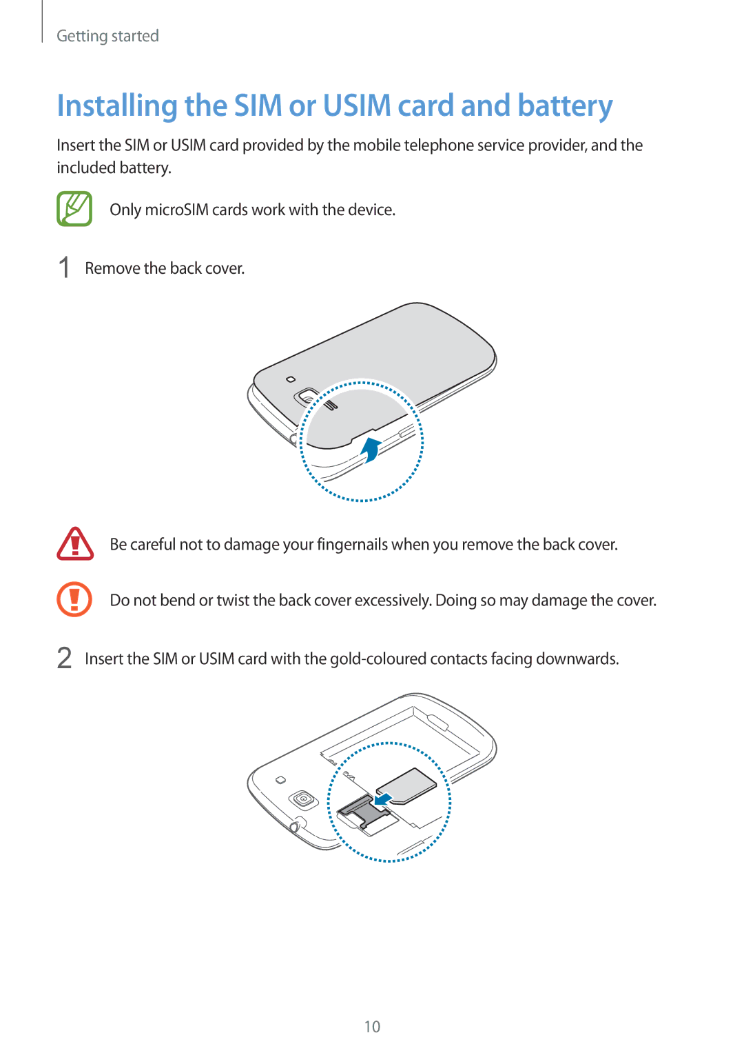 Samsung GT-I8260MBASEB, GT-I8260MBAXEF, GT-I8260CWAXEF, GT-I8260MBAITV manual Installing the SIM or Usim card and battery 