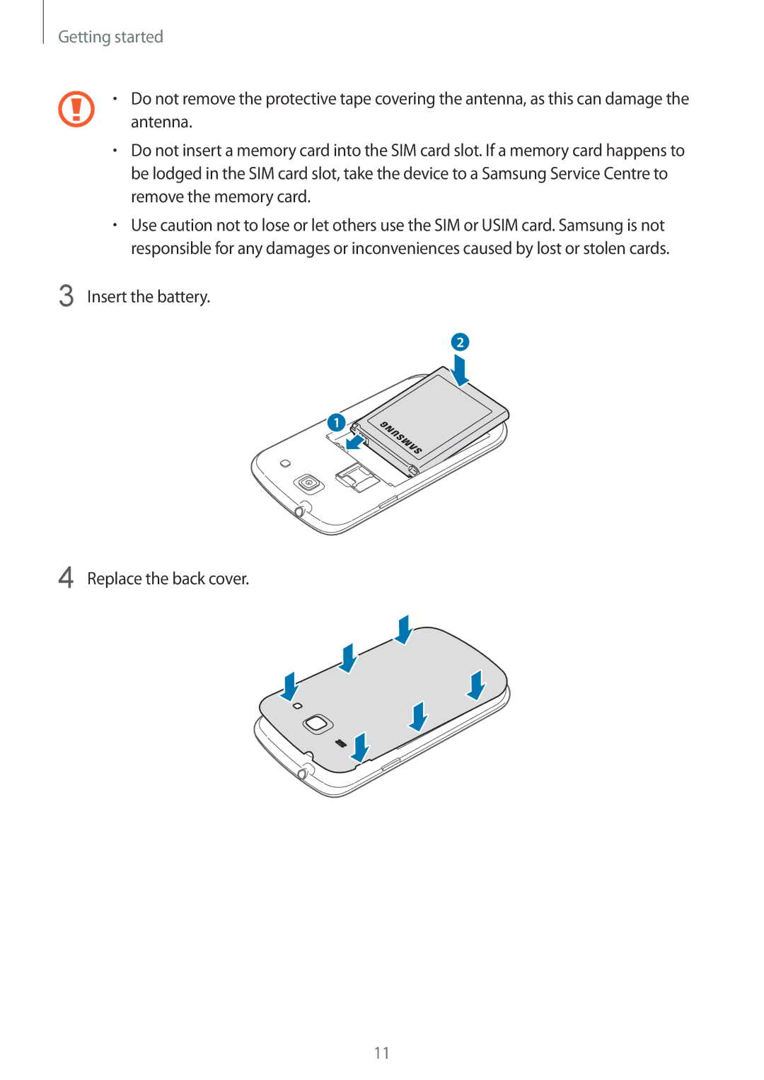 Samsung GT-I8260MBAEUR, GT-I8260MBAXEF, GT-I8260CWAXEF, GT-I8260MBAITV manual Insert the battery Replace the back cover 