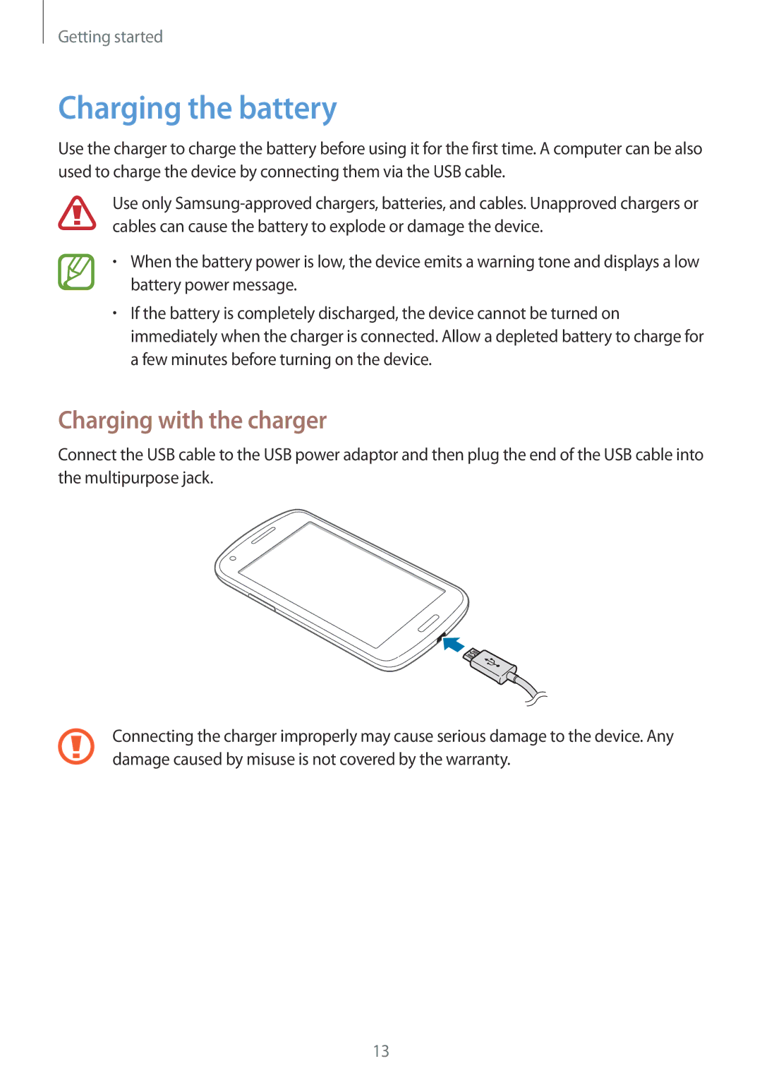 Samsung GT-I8260CWASEB, GT-I8260MBAXEF, GT-I8260CWAXEF, GT-I8260MBAITV manual Charging the battery, Charging with the charger 