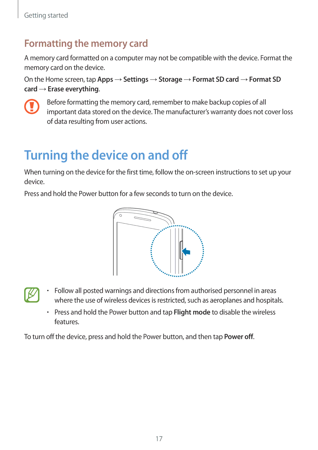 Samsung GT2I8260MBATWO, GT-I8260MBAXEF, GT-I8260CWAXEF manual Turning the device on and off, Formatting the memory card 