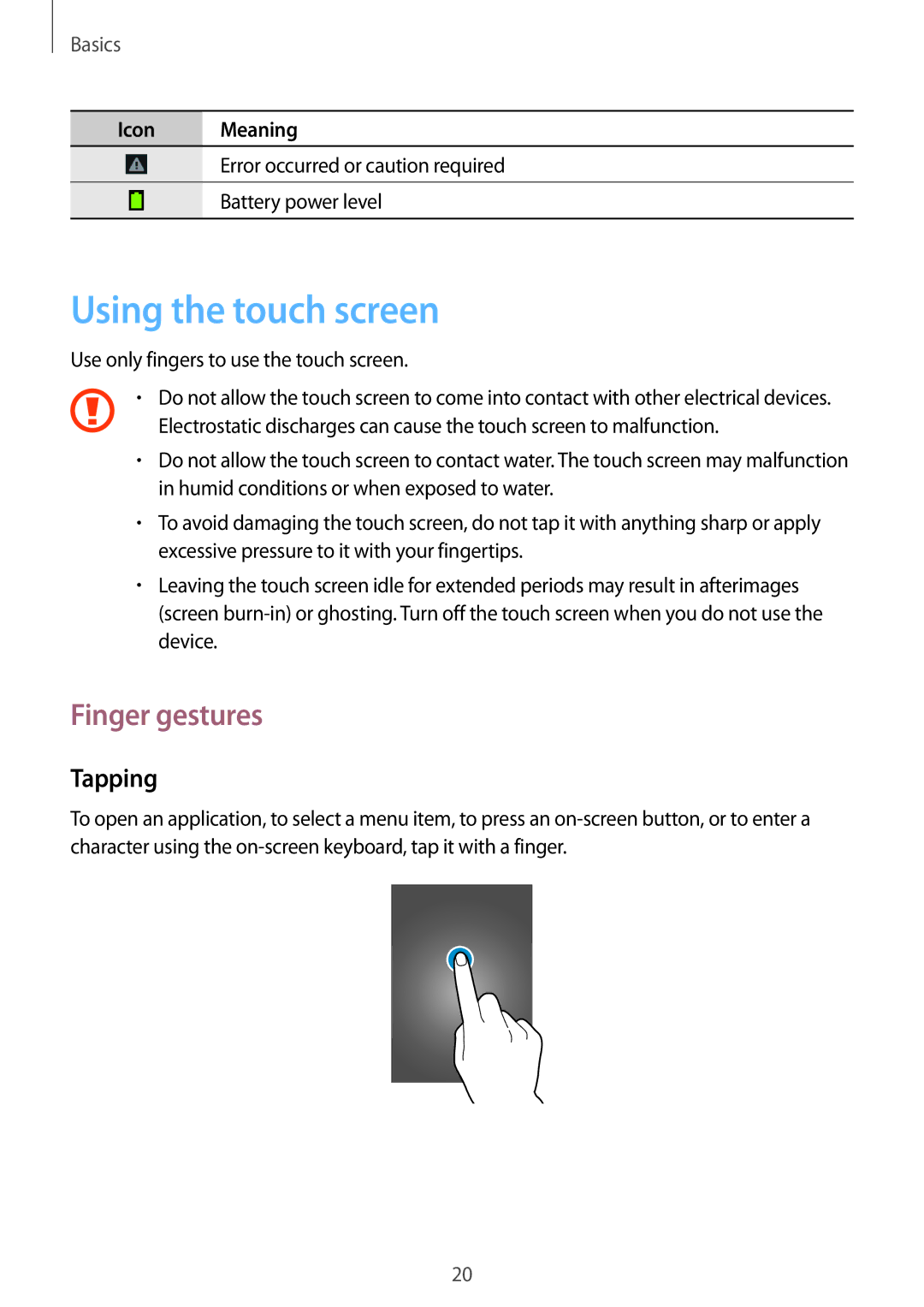 Samsung GT-I8260MBATWO manual Using the touch screen, Finger gestures, Tapping, Use only fingers to use the touch screen 