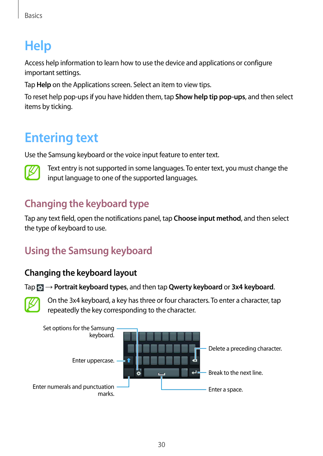 Samsung GT-I8260CWAITV, GT-I8260MBAXEF manual Help, Entering text, Changing the keyboard type, Using the Samsung keyboard 