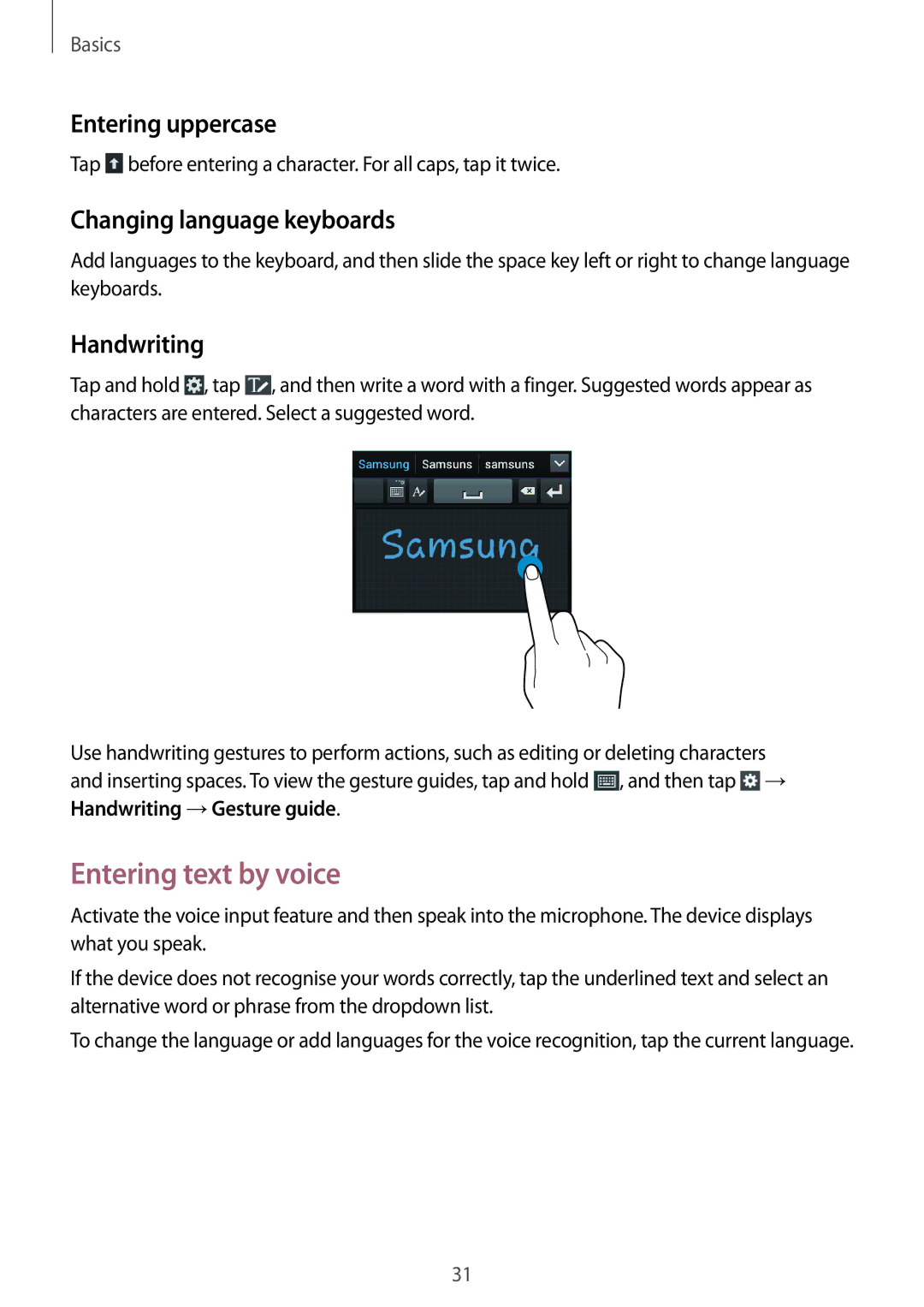 Samsung GT-I8260MBAHUI manual Entering text by voice, Entering uppercase, Changing language keyboards, Handwriting 