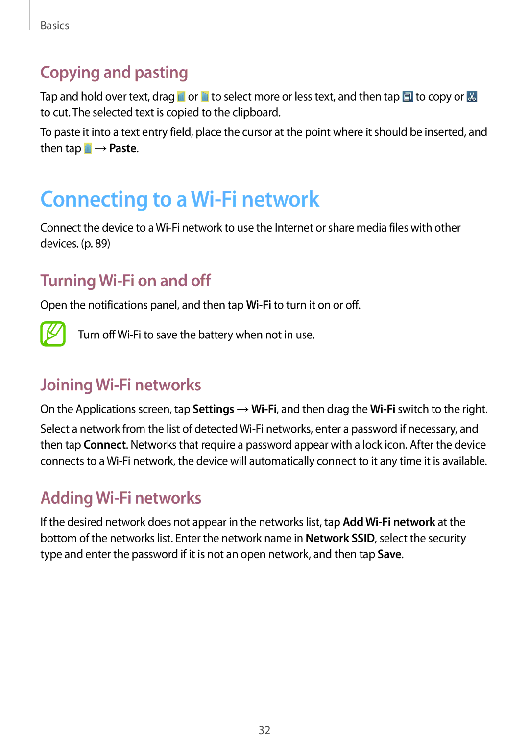 Samsung GT-I8260MBAPHE Connecting to a Wi-Fi network, Copying and pasting, Turning Wi-Fi on and off, Adding Wi-Fi networks 