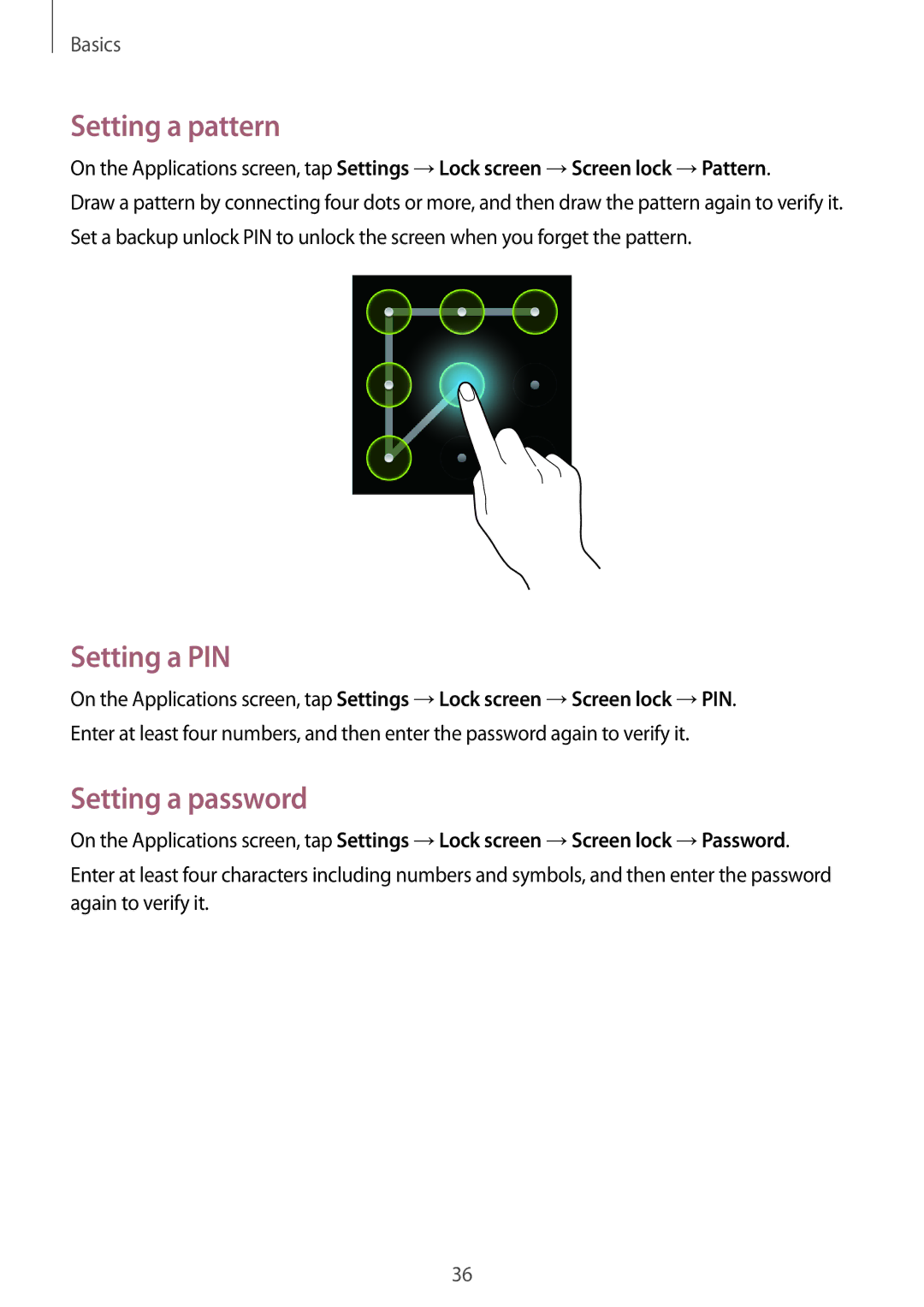 Samsung GT-I8260MBAEUR, GT-I8260MBAXEF, GT-I8260CWAXEF, GT-I8260MBAITV Setting a pattern, Setting a PIN, Setting a password 