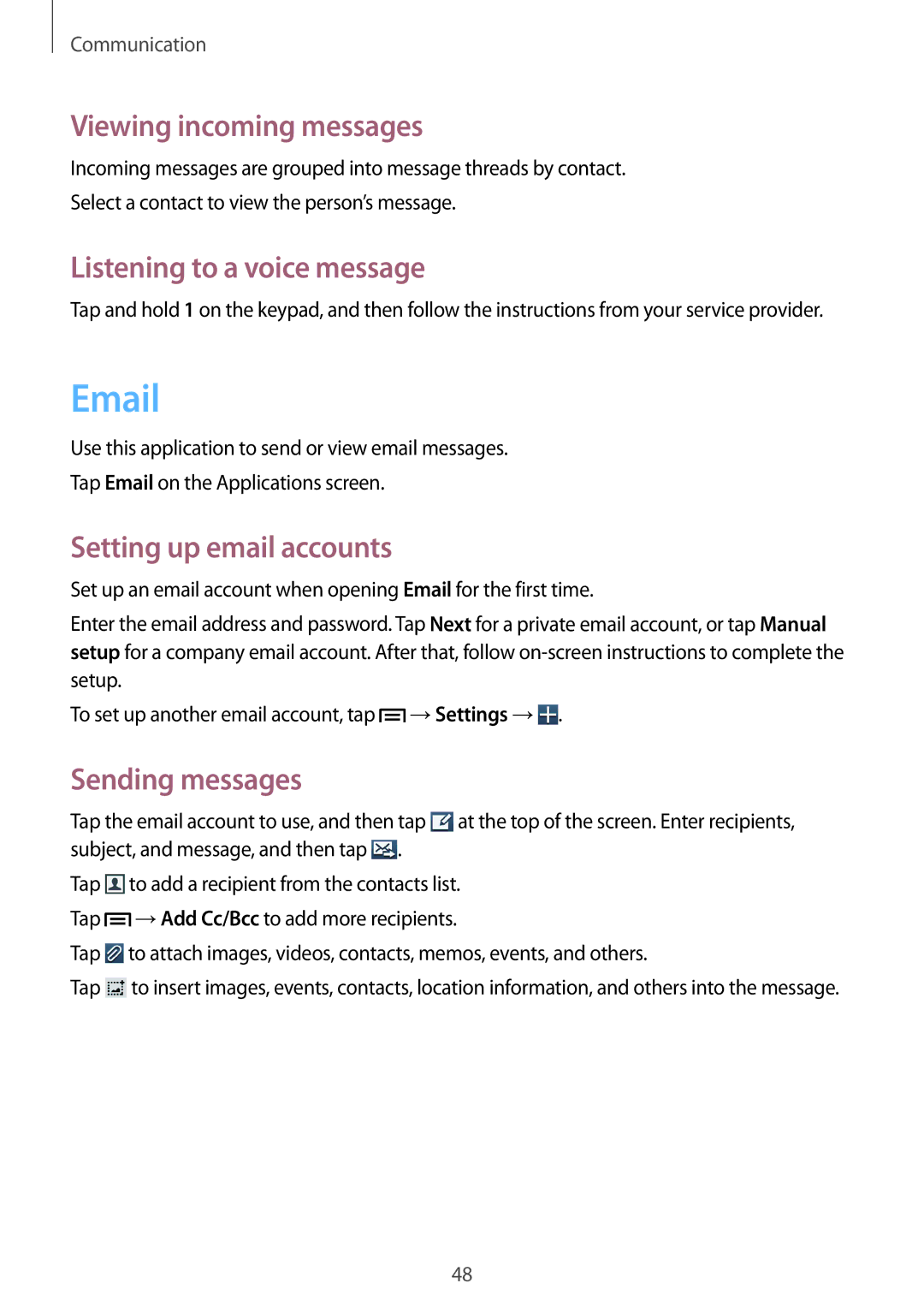 Samsung GT-I8260CWACYV, GT-I8260MBAXEF Viewing incoming messages, Listening to a voice message, Setting up email accounts 
