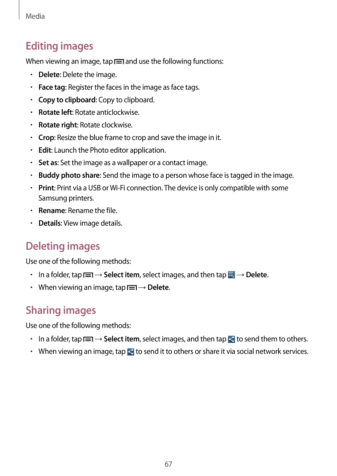 Samsung GT2I8260MBATWO, GT-I8260MBAXEF Editing images, Deleting images, Sharing images, Use one of the following methods 