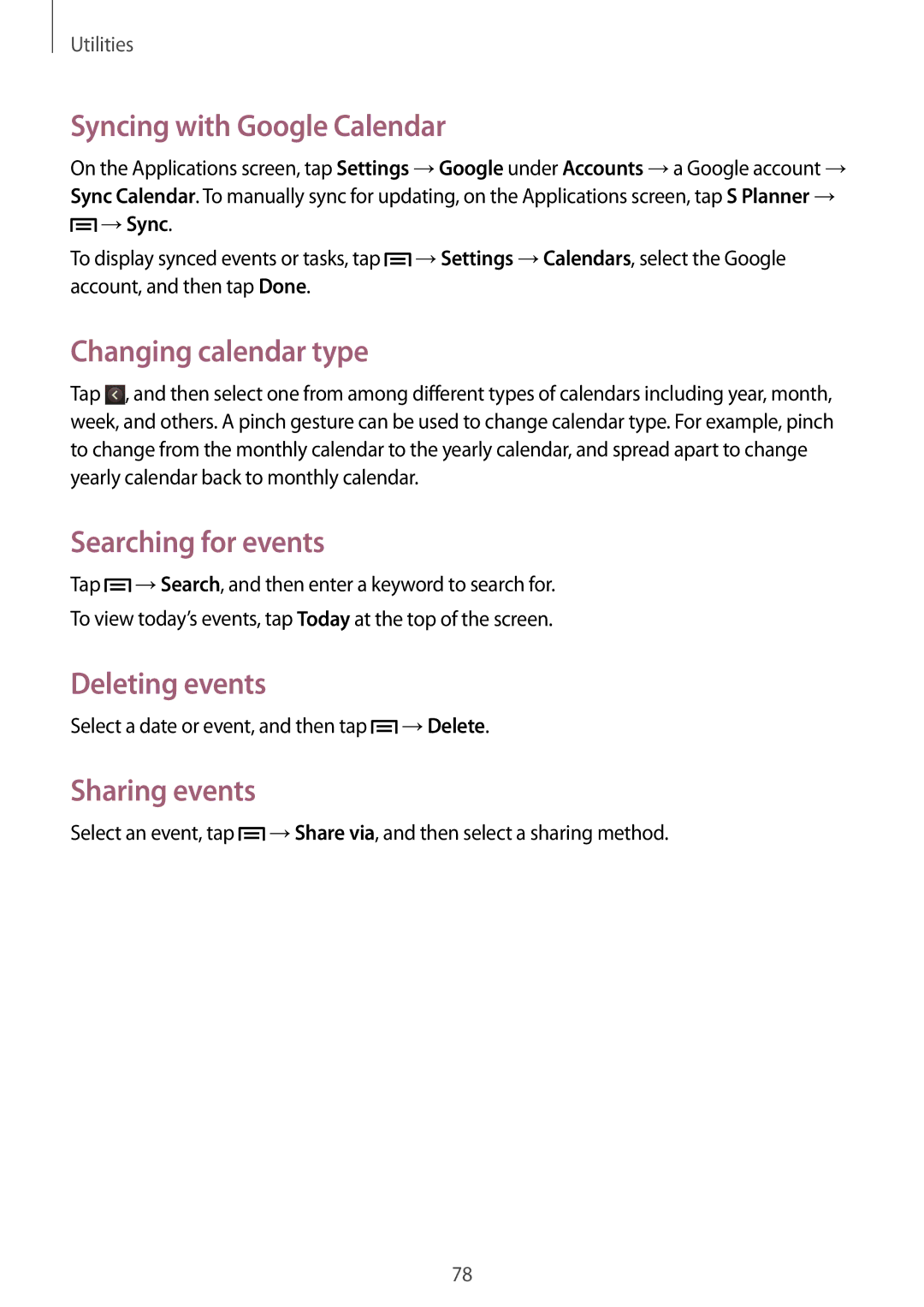 Samsung GT-I8260CWAHUI manual Syncing with Google Calendar, Changing calendar type, Searching for events, Deleting events 