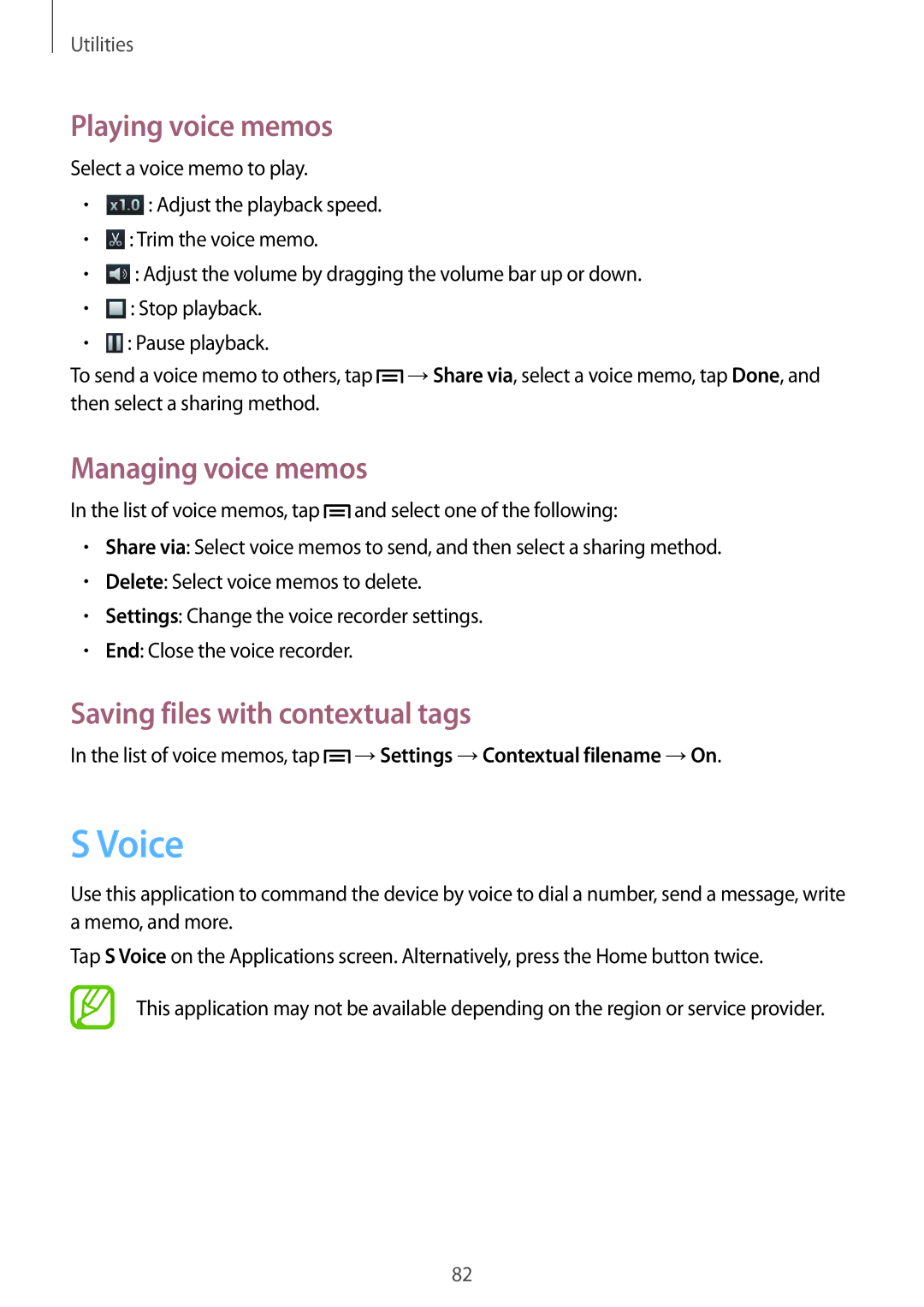 Samsung GT-I8260MBAPHE, GT-I8260MBAXEF Voice, Playing voice memos, Managing voice memos, Saving files with contextual tags 