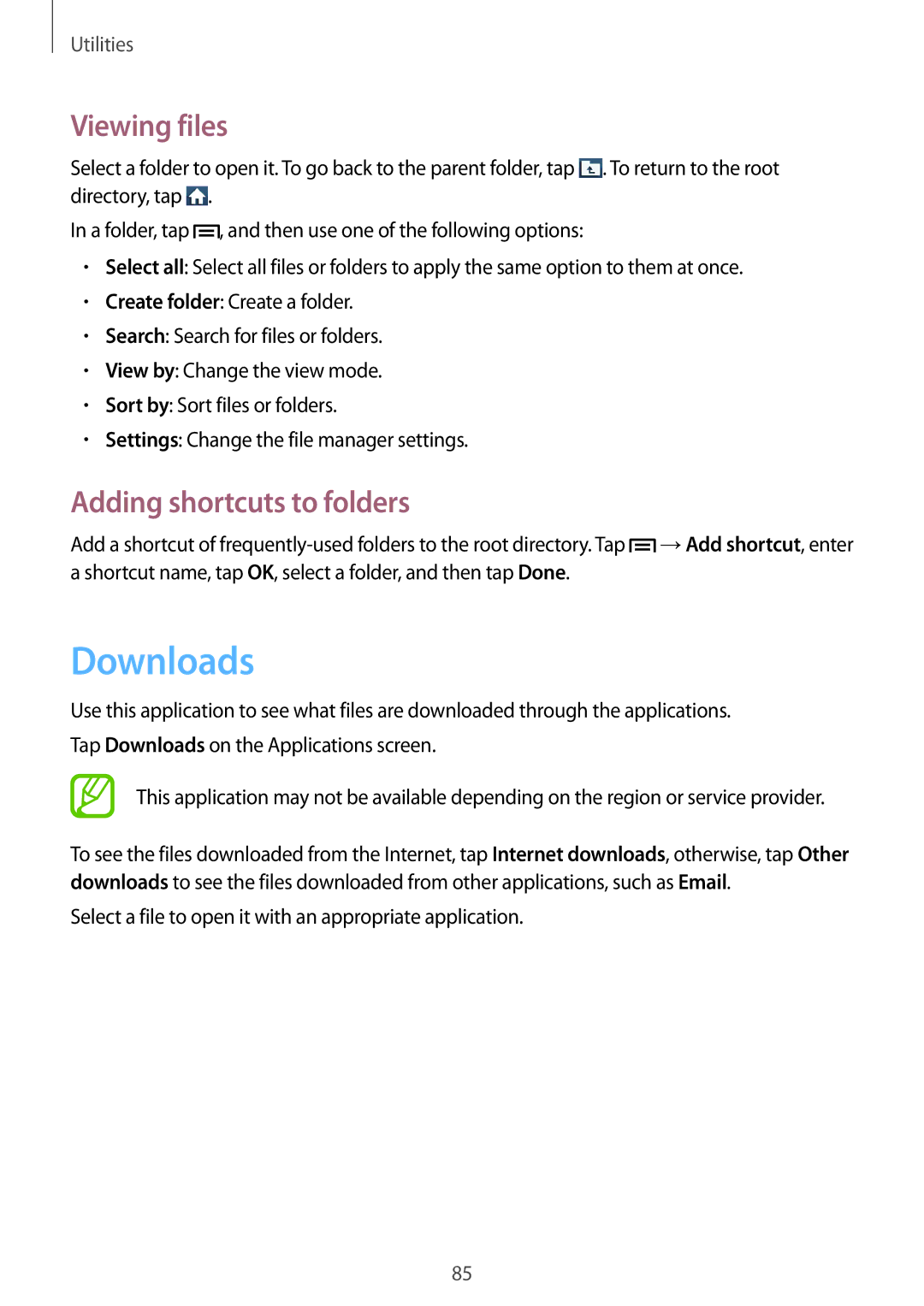 Samsung GT-I8260MBASEB, GT-I8260MBAXEF, GT-I8260CWAXEF, GT-I8260MBAITV Downloads, Viewing files, Adding shortcuts to folders 