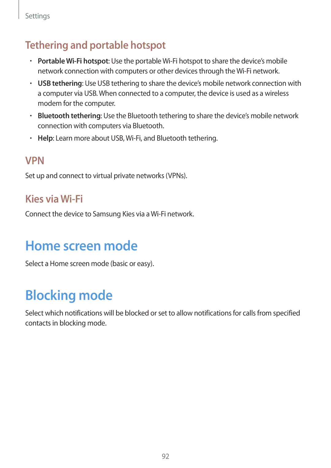 Samsung GT2I8260MBATWO, GT-I8260MBAXEF Home screen mode, Blocking mode, Tethering and portable hotspot, Kies via Wi-Fi 