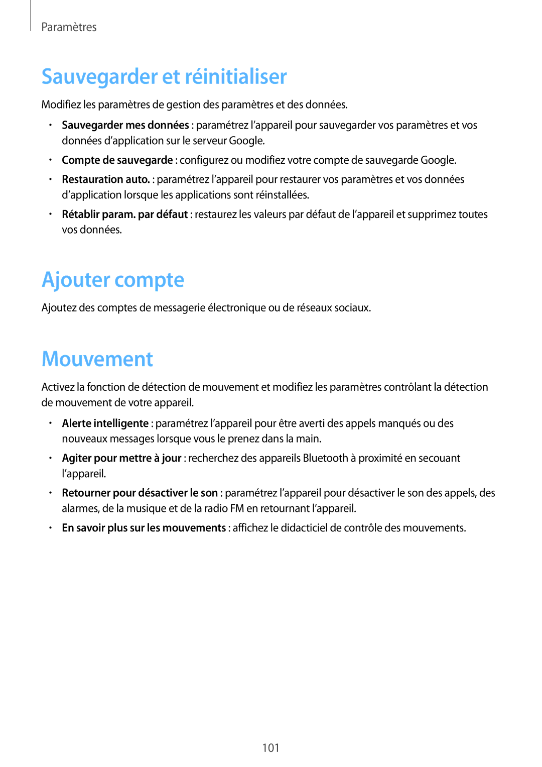 Samsung GT-I8260CWAXEF, GT-I8260MBAXEF manual Sauvegarder et réinitialiser, Ajouter compte, Mouvement 