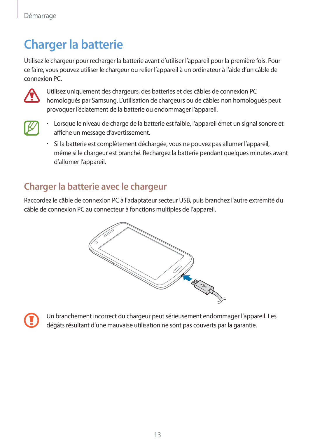 Samsung GT-I8260CWAXEF, GT-I8260MBAXEF manual Charger la batterie avec le chargeur 