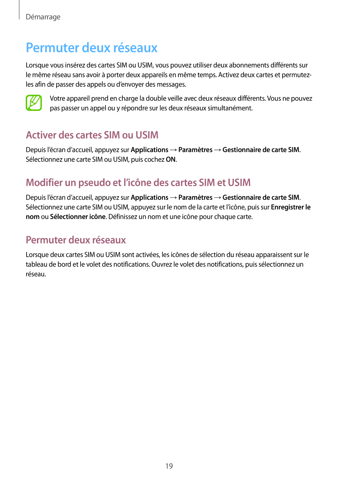 Samsung GT-I8260CWAXEF, GT-I8260MBAXEF manual Permuter deux réseaux, Activer des cartes SIM ou Usim 