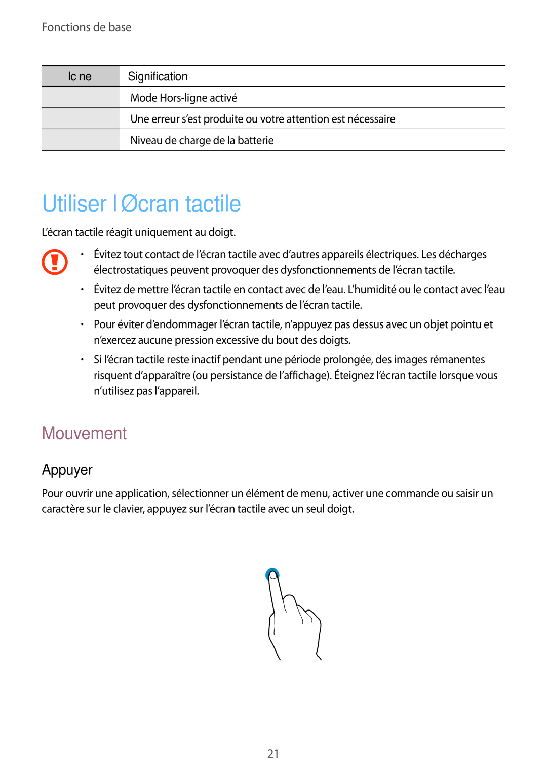 Samsung GT-I8260CWAXEF, GT-I8260MBAXEF manual Utiliser l’écran tactile, Mouvement, Appuyer 