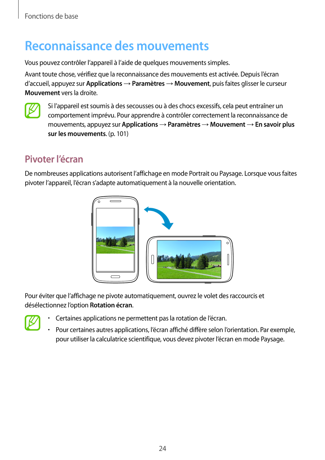 Samsung GT-I8260MBAXEF, GT-I8260CWAXEF manual Reconnaissance des mouvements, Pivoter l’écran 