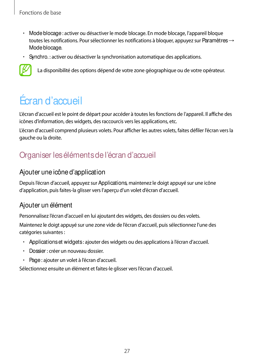 Samsung GT-I8260CWAXEF manual Écran d’accueil, Organiser les éléments de l’écran d’accueil, Ajouter une icône d’application 