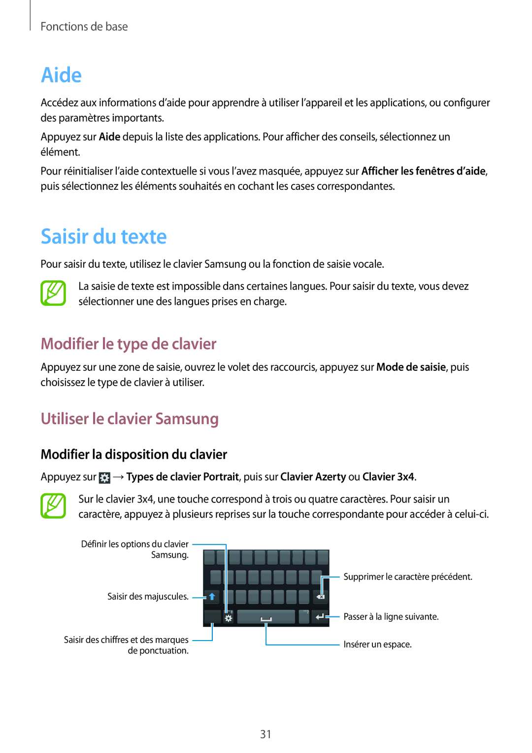 Samsung GT-I8260CWAXEF, GT-I8260MBAXEF Aide, Saisir du texte, Modifier le type de clavier, Utiliser le clavier Samsung 