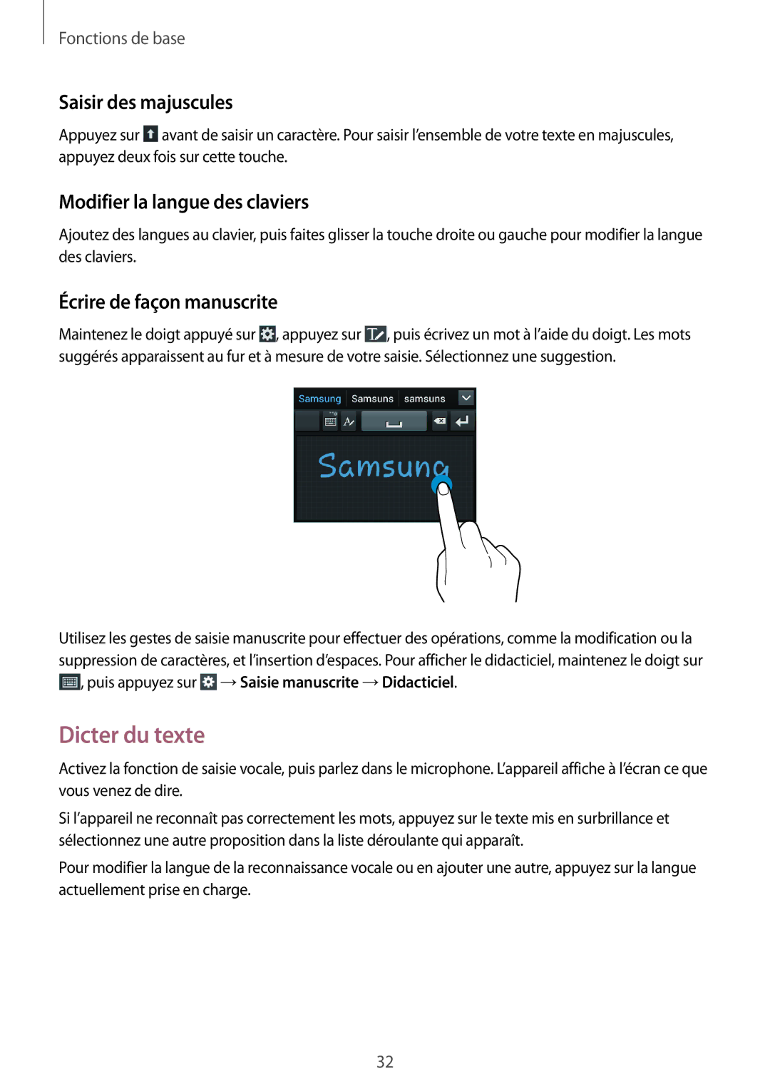 Samsung GT-I8260MBAXEF Dicter du texte, Saisir des majuscules, Modifier la langue des claviers, Écrire de façon manuscrite 