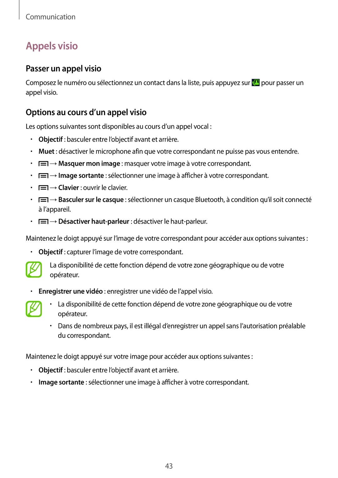 Samsung GT-I8260CWAXEF, GT-I8260MBAXEF manual Appels visio, Passer un appel visio, Options au cours d’un appel visio 